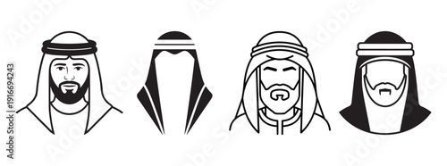 Four stylized black and white iconographic portraits of Arab men wearing traditional keffiyeh headwear and thawb.