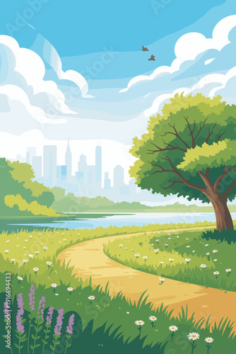 Pathway Through Lush Park Leading to Cityscape: Scenic Nature Escape for Urban Dwellers, Tranquil Landscape with Trees, Lake, and Wildflowers, Ideal for Wellness Retreats and Outdoor Recreation Design