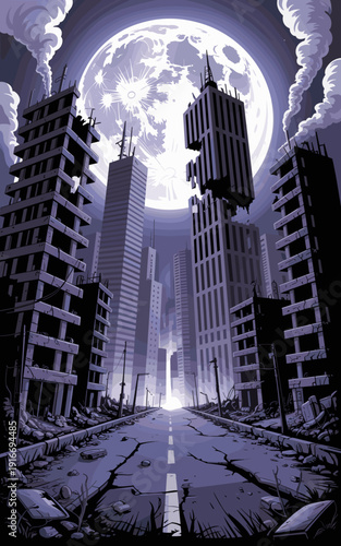 Post-Apocalyptic Cityscape with Full Moon – Devastated Urban Landscape in Cartoon Style – Ruined Buildings and Empty Streets – Dramatic Concept for Desolation, Resilience and Rebirth, Graphic Novel, U