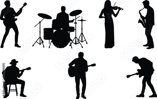 Collection of musician silhouettes with guitar, drums, violin, and saxophone, symbolizing live performance, musical diversity, creativity, entertainment, and artistic expression in ensemble settings