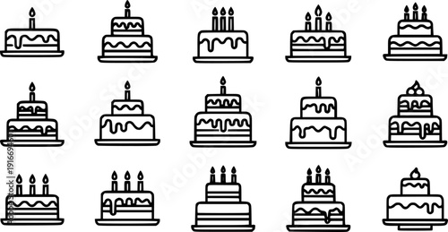set of happy birthday cake icon silhouette line art vector illustration with a white background
