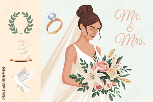 Elegant Bride Holding Floral Bouquet at Outdoor Wedding Ceremony Embracing Love on Special Day: Celebrating Marriage, Commitment and Romance in Stylish Celebration with Modern Design Elements and Bota