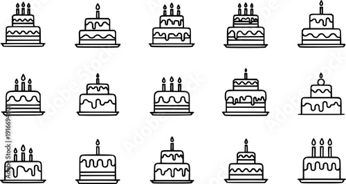 set of happy birthday cake icon silhouette line art vector illustration with a white background
