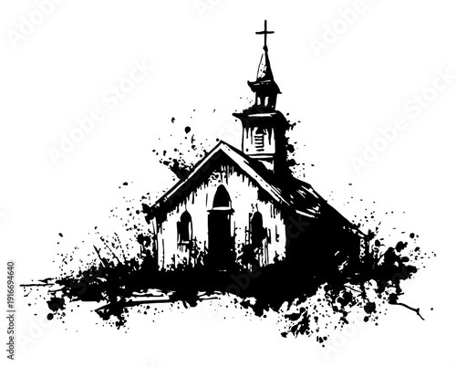 Old wooden church building with cross in creative ink splatter and distressed style