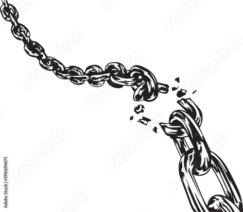 Broken steel chain links snapping apart in mid air with metal fragments against transparent background