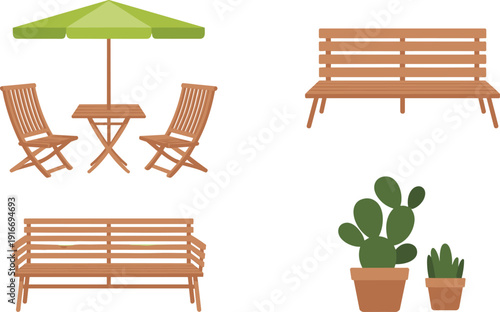 Collection of outdoor furniture and plant illustrations including patio set, wooden benches, umbrella, cactus, and succulent potted plant, perfect for garden, relaxation, and design projects