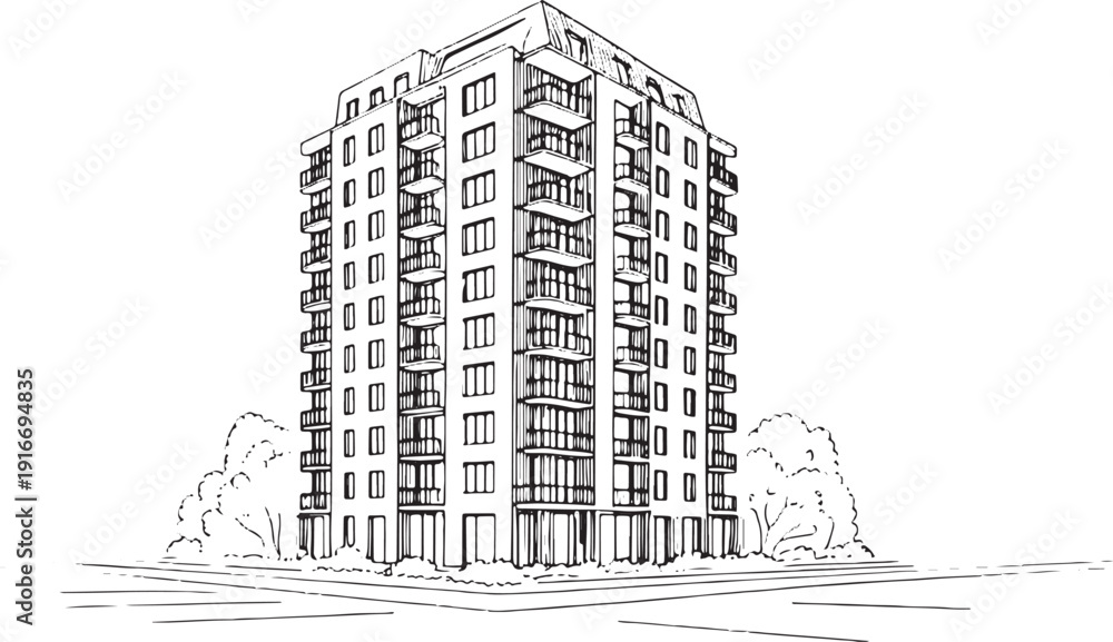 Fototapeta premium Modern City Residential Complex Architecture Sketch Drawing