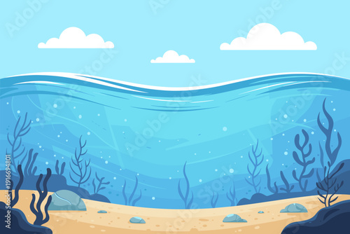 Underwater Marine Scene, Cartoon Ocean Floor with Algae and Rocks, Animated Sea Bottom Landscape with Sunlight Rays Shining Through Tranquil Water Surface Background, Adventure Graphic, Children's Ill