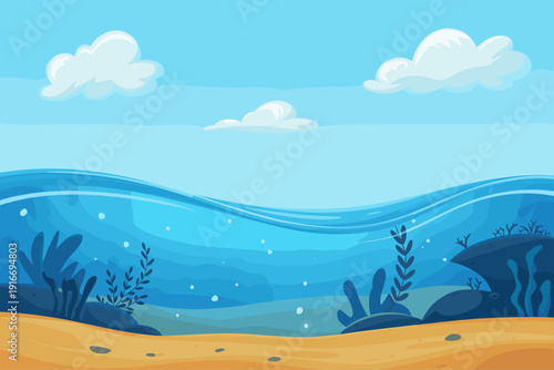 Underwater Scene Illustration with Clouds and Sunlight: Depicting Serenity in Oceanic Environment, Cartoon Seascape Suitable for Marine-Themed Projects, Marine Biology and Ecology Backdrops. Calm Ocea