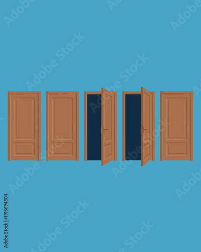 Five Doors: Closed, Open Pathway to Opportunity, Success, and New Possibilities on Blue Backdrop - Abstract Choice, Decision Making, Future Hope, Transition, Challenge, Gateway, Transition, Career Pat