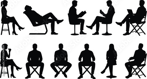 Collection of seated people silhouettes in different chairs and postures, representing reading, working, relaxing, drinking, and diverse activities, symbolizing lifestyle, ergonomics, and design