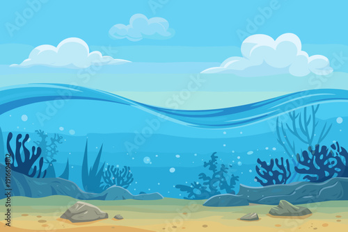 Cartoon Underwater Scene with Coral Reef and Sand, Sunlit Ocean Floor, Cartoon Style Vector Backdrop For Children's Illustration, Seascape, Marine Ecosystem, Sea Life Background, Kids Nature Illustrat