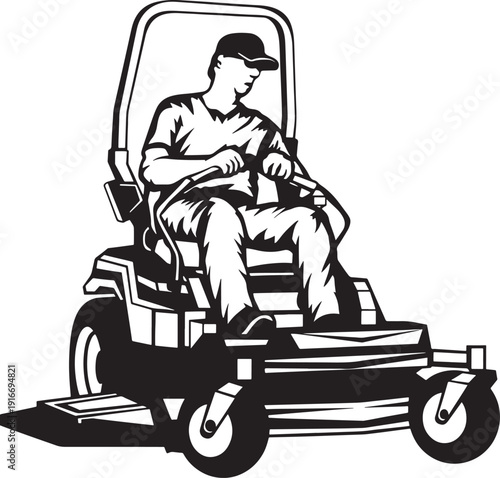 Gardener on zero turn lawn mower working in backyard cutting grass vintage woodcut style