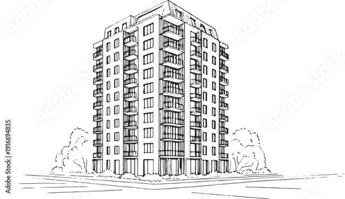 Modern City Residential Complex Architecture Sketch Drawing