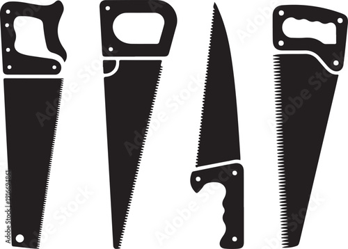 Hand saw vector icons set with carpenter tools, saw illustrations, black silhouettes