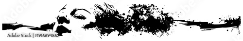 Abstract horizontal landscape portrait of a woman face in black ink splatter and splash art