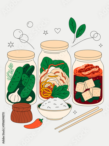 Fermented Foods Illustration: Assorted Pickles, Kimchi, and Tofu in Jars with Rice Bowl and Chopsticks against a Light BG, Conveying Health and Nutrition in a Modern Still Life, Perfect for Restauran