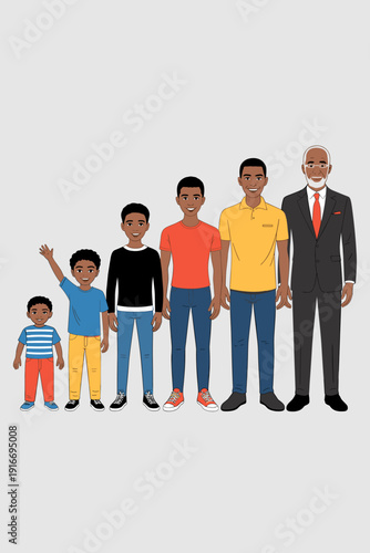 Illustrative Depiction of African American Male Life Stages: From Early Childhood to Success; Evolution, Progress, Family, Lineage, Career Ascendancy, Growth, Education, Maturity, Development, Cartoon