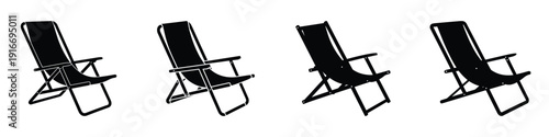Summer Beach Chair Silhouette Vector – Minimalist Black and White Illustration of Folding Deck Chair, Relaxation and Vacation Symbol, Perfect for Travel, Seaside, and Tropical Design Concepts