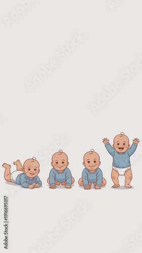 Baby Milestones: Crawling, Standing, and Development Stages Depicted in a Vector Illustration Against a Neutral Background, Representing Infancy and Childhood, Suitable for Educational or Parenting Co