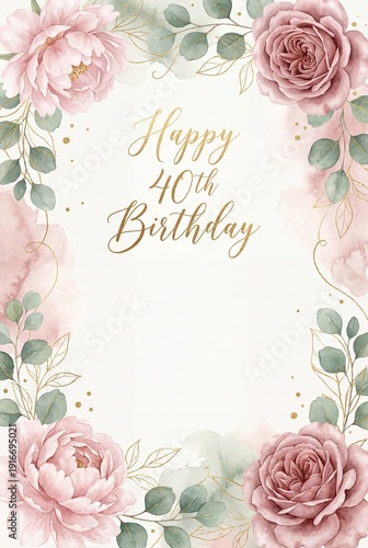 Elegant 40th Birthday Invitation Template with Watercolor Floral Frame and Gold Accents 