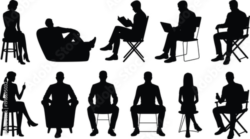 Collection of seated people silhouettes in various poses and chairs, representing reading, working, relaxing, and diverse activities, symbolizing lifestyle, ergonomics, and human design