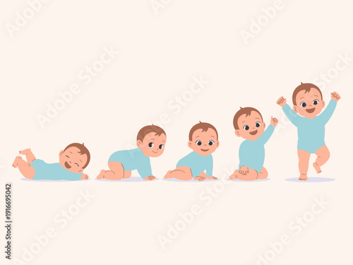 Baby Milestones Illustration: Joyful Infant Development Stages on White Backdrop – Crawling, Sitting, Standing, Walking – Childhood Growth, Pediatric Health, Early Learning, Cute Cartoon Depiction, Ba