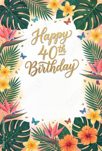 Happy 40th Birthday Tropical Invitation with Gold Calligraphy Lettering — Exotic Monstera and Hibiscus Floral Border with Copy Space