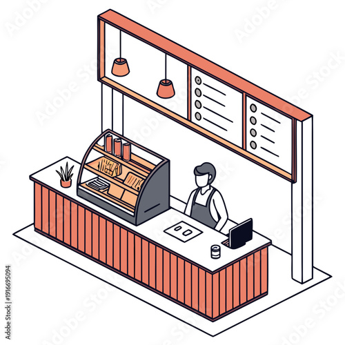 Isometric Cafe Counter with Barista and Menu Board Illustration