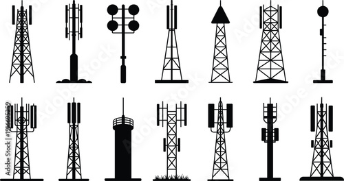 "Collection of twelve black silhouette communication towers and antennas, including lattice, monopole, and dish structures, ideal for telecom, broadcasting, and wireless network design projects"