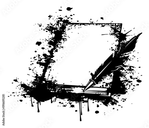 Vintage quill pen and paper parchment in creative ink splatter design