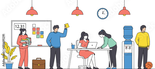 Flat illustration of a modern collaborative office workspace with professionals working at desks whiteboards and water coolers isolated