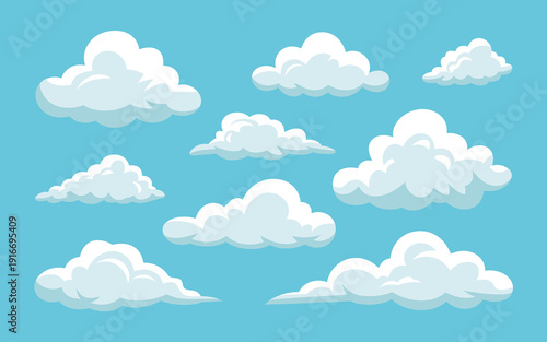 Cartoon Clouds Floating in a Light Blue Sky: Whimsical Weather Illustrations for Children's Books and Animated Movies, Dreamy Backgrounds and Designs, Fantasy Atmosphere, Vector Graphics, Soft, Fluffy