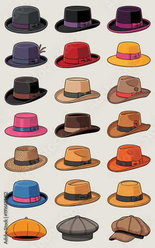Diverse Hats Collection Displayed on Neutral Backdrop: Variety of Headwear in Stylish Arrangement, Fashion Accessories, Retro Style, Vintage Outfits, Millinery Designs,  Classic Fedora, Bowler, Straw,