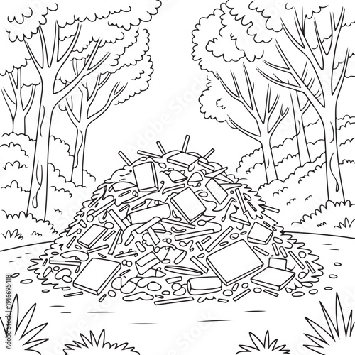 Pile of Wood Scraps and Debris in the Forest Sketch