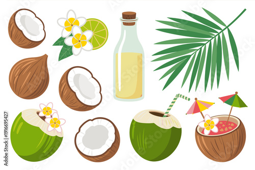 Tropical Coconut Beverage Collection: Summer Fruits, Palm Leaf & Oil for Wellness Products, Vacation Advertising, Exotic Travel Designs, Health Drinks, and Refreshing, Relaxing Beach-Themed Natural Co