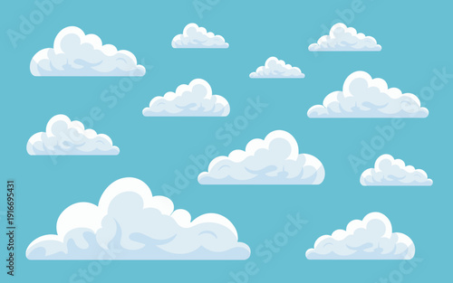 Cartoon Clouds Floating in a Blue Sky, Representing Weather Forecasts or Dreamy Scenery for Children's Illustrations and Atmospheric Backgrounds, Perfect for Digital Design Projects and Serene Sky Ove