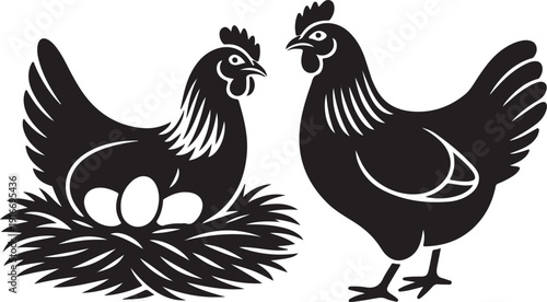 Hen with eggs in nest and chicken bird for poultry farm industry. Hand drawn black and white emblem vector illustration