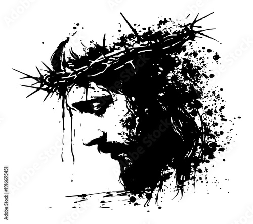 Side profile portrait of Jesus Christ wearing a crown of thorns in ink splash style