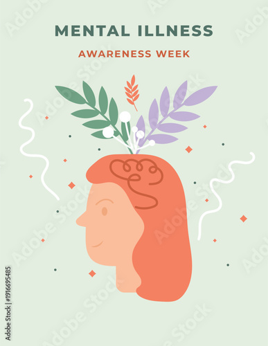 A poster about mental health with a female profile, brain, plant motifs, offering recovery and balance. awareness of mental illness