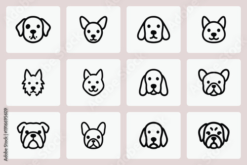 Cute dog face line art minimal vector icon set