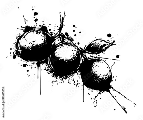 Fresh citrus fruits on a branch with artistic ink splatters and grunge textures