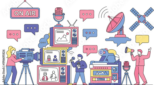 Flat line vector illustration of media broadcasting crew with television cameras microphones satellite dish and journalists on air