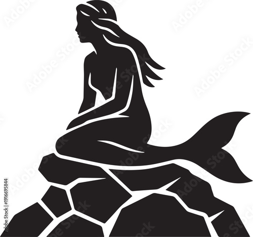 Black Silhouette of a Mermaid Sitting Gracefully on a Rock