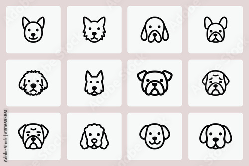 Cute dog face line art minimal vector icon set