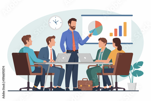 Business Presentation with Team at Conference Table: Leader Explaining Data in Meeting, Analyzing Sales Charts, Corporate Growth Strategy, Financial Review, Flat Vector Illustration for Marketing (Man