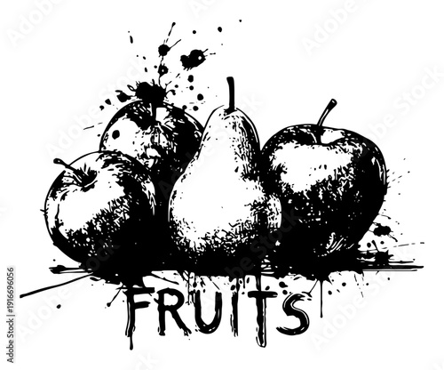 Composition of apples and pear with text fruits in grunge ink style