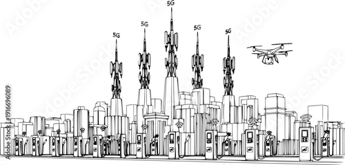 Smart City Silhouette with EV Charging Station and Delivery Drone, Future Urban Infrastructure Vector Drawing