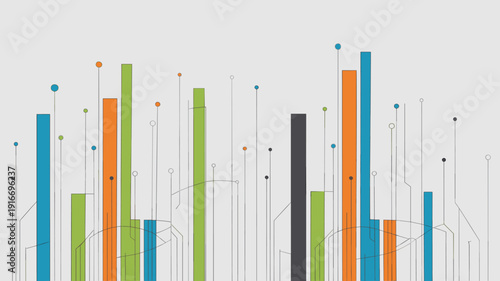 Abstract Network Data Visualization: Information Flow Depiction for Science, Innovation, and Technology Projects – Dynamic Connection Graph in Urban Landscape, Futuristic, Modern Business Communicatio