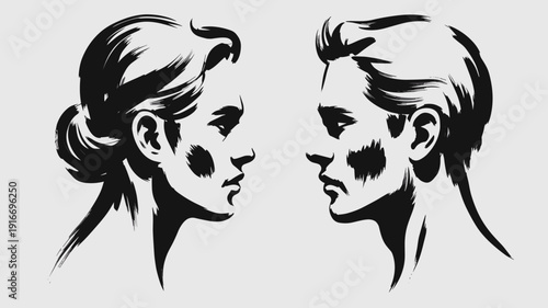 Contrasting Profiles Intensely Gaze at Each Other: Man and Woman in Brushstroke Style, Facing Off in Stark Simplicity, Expressing Tension, Drama and Connection. Ideal for Artistic Marketing, Literary